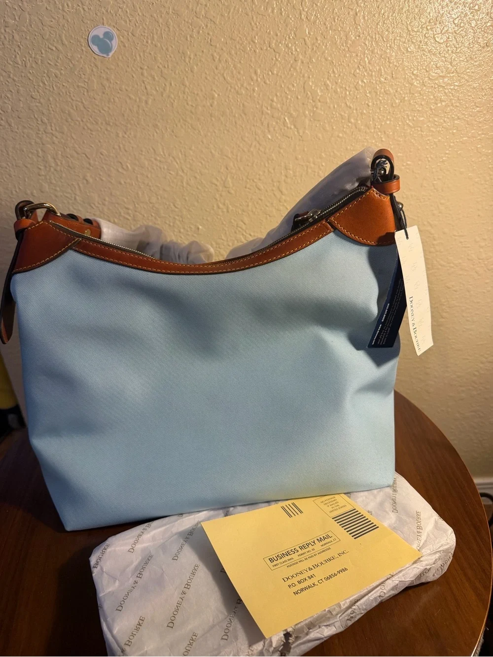 Dooney & Bourke Light Blue Shoulder Bag with Brown Leather Trim
